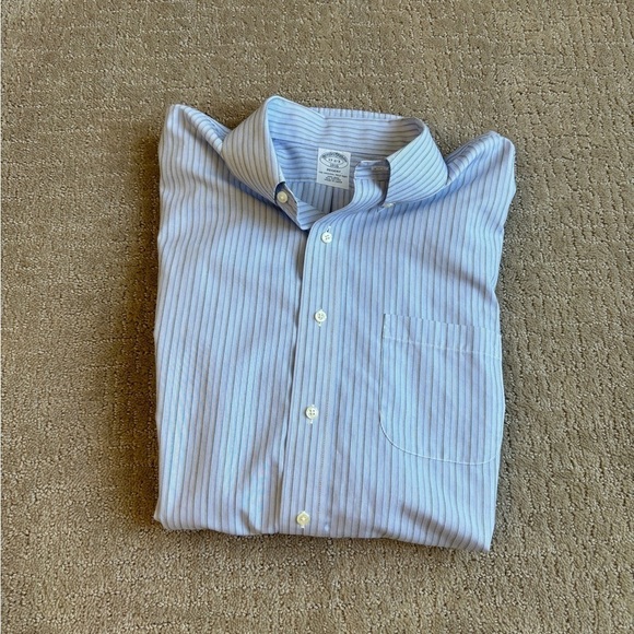 Brooks Brothers Non-Iron Dress Shirt REGENT Blue/Brown Stripe Men's Size 17-2/3 - Picture 4 of 9